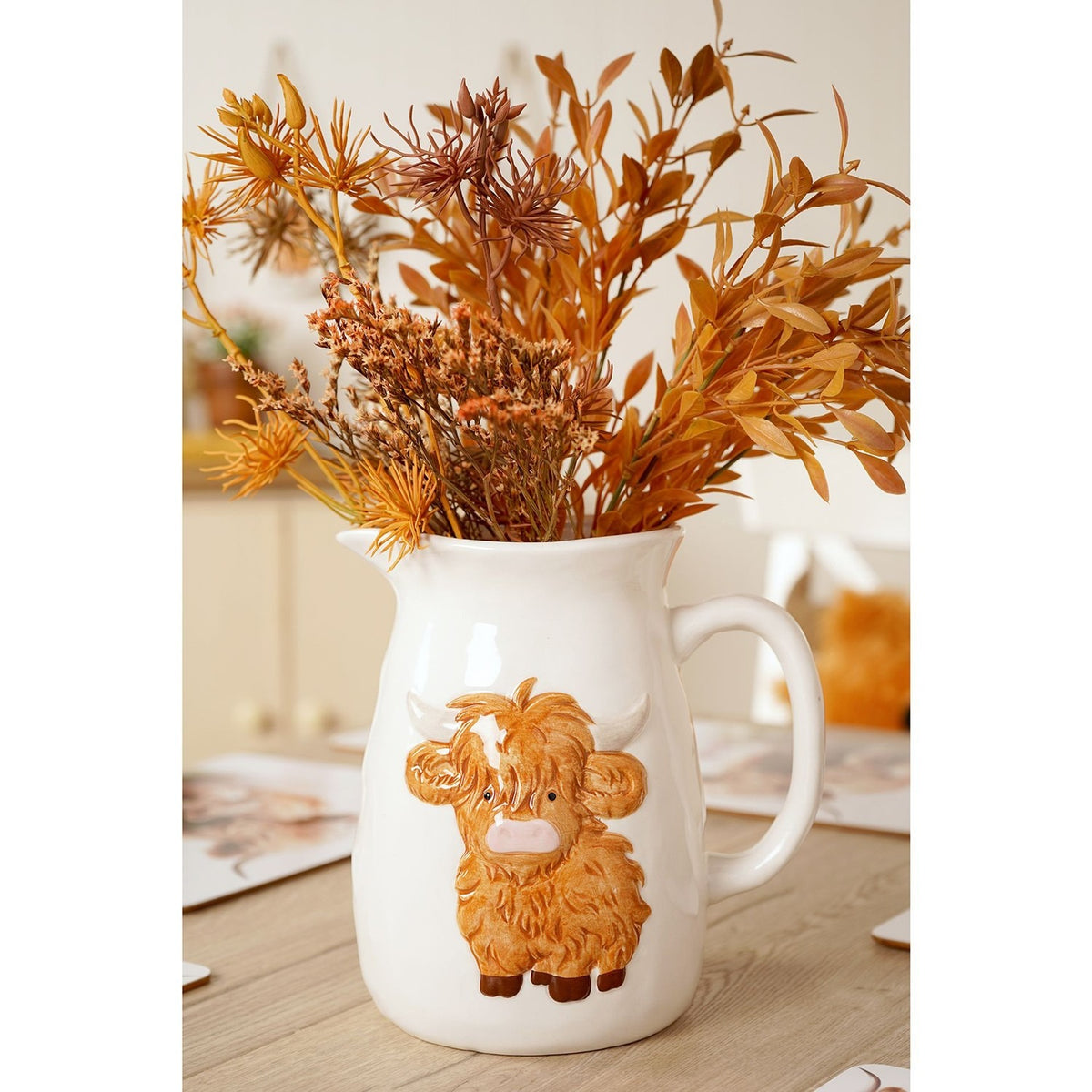 Raised Highland Cow Stoneware Jug 1750ml - White