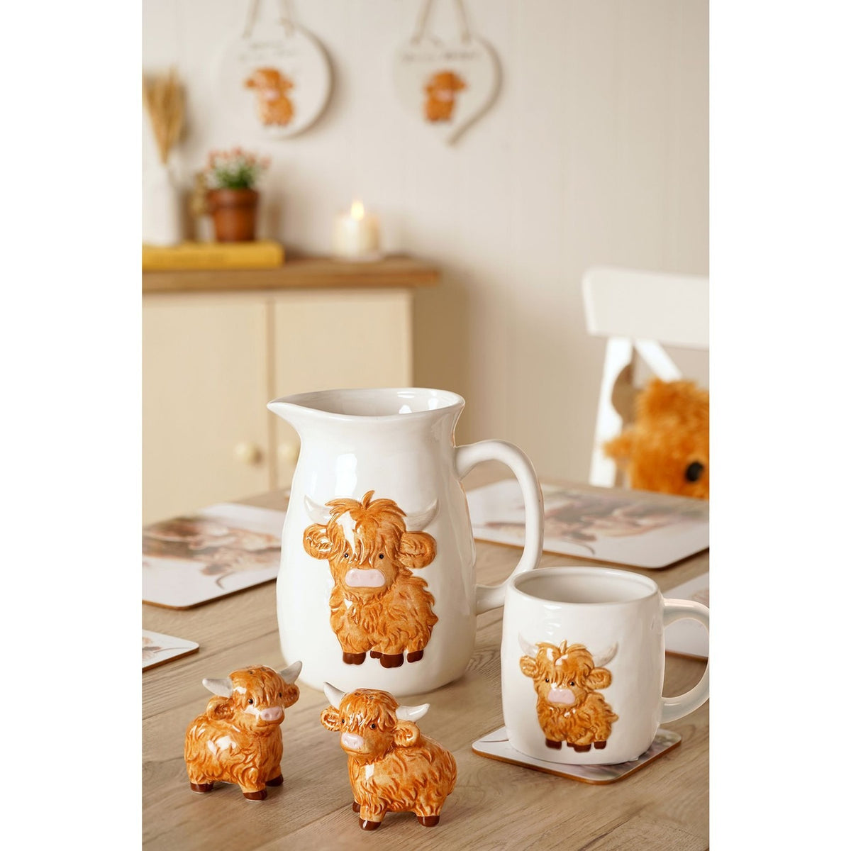 Raised Highland Cow Stoneware Jug 1750ml - White