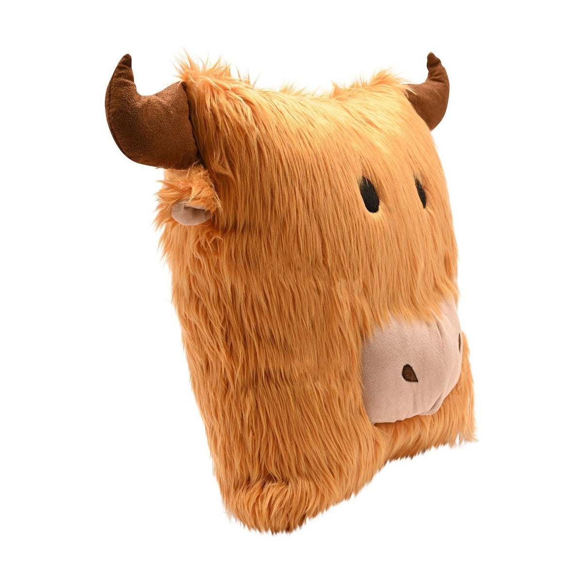 Square shaggy Highland cow head cushion in brown faux fur with curved horns, tucked ears, black eyes, and a pale muzzle, shown on a plain white background.
