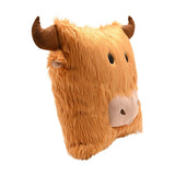 Square shaggy Highland cow head cushion in brown faux fur with curved horns, tucked ears, black eyes, and a pale muzzle, shown on a plain white background.