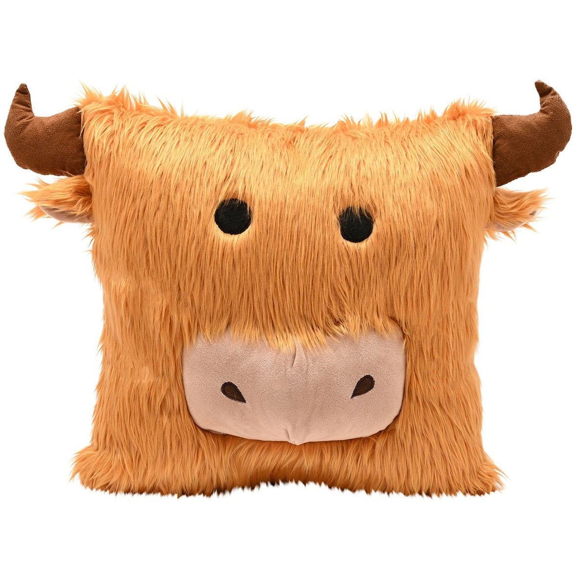 Square Highland cow head cushion in shaggy brown pile with curved brown horns, tucked ears, round black eyes and a pale suede-effect snout, shown on a white background.