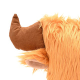 Close-up of the Square Shaggy Highland Cow Head Cushion with Horns in brown, showing a curved horn, tucked ear with pale inner fabric, and shaggy pile against a white background.