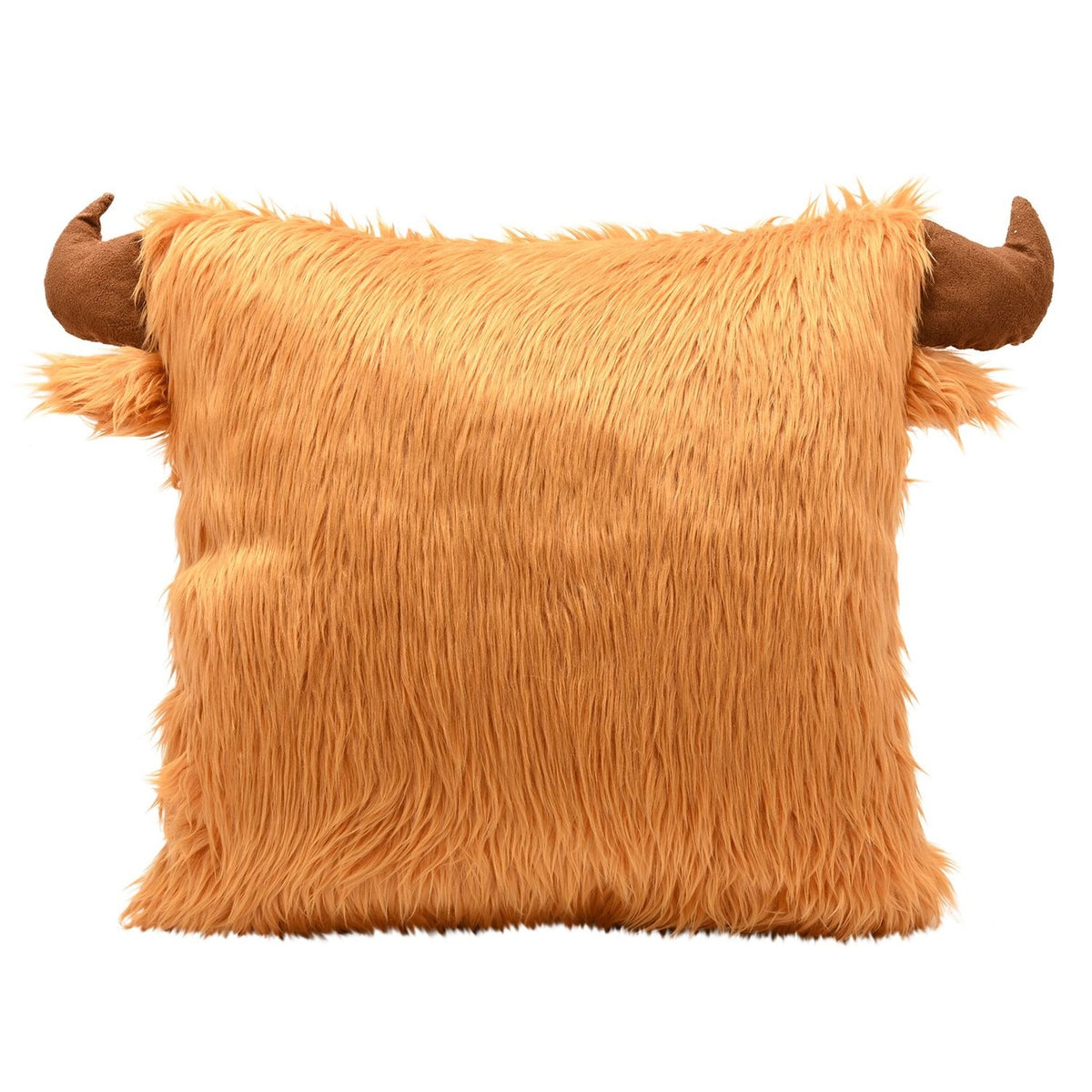 Square Highland cow head cushion in long shaggy orange-brown pile with curved brown horns at the top corners, shown against a plain white background.