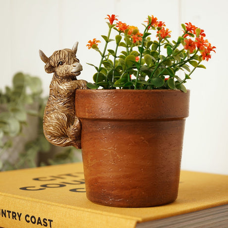 Round Polystone Planter with Climbing Highland Cow - Brown