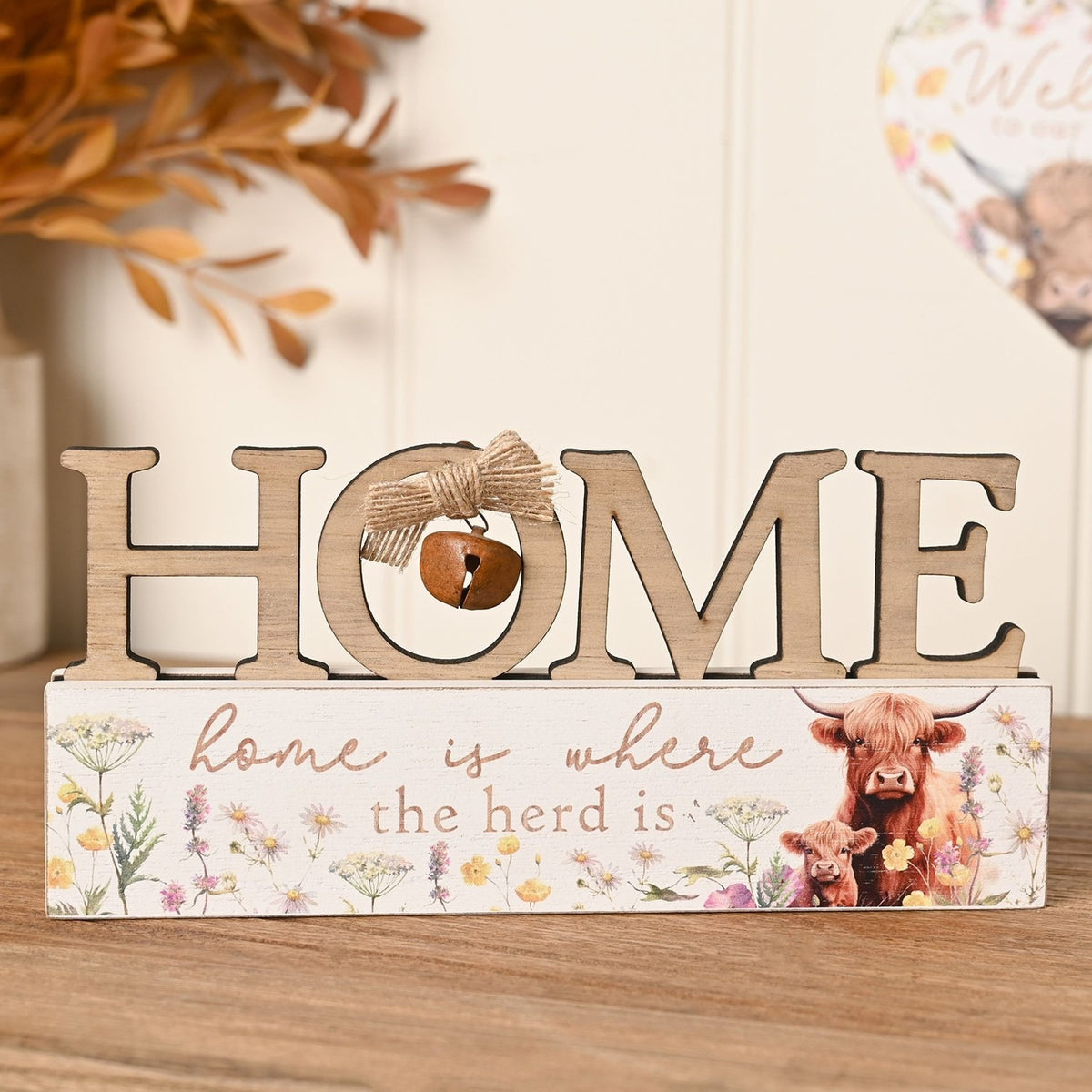 Highland Cow Home Is Where The Herd Is Wood Mantel Plaque - White