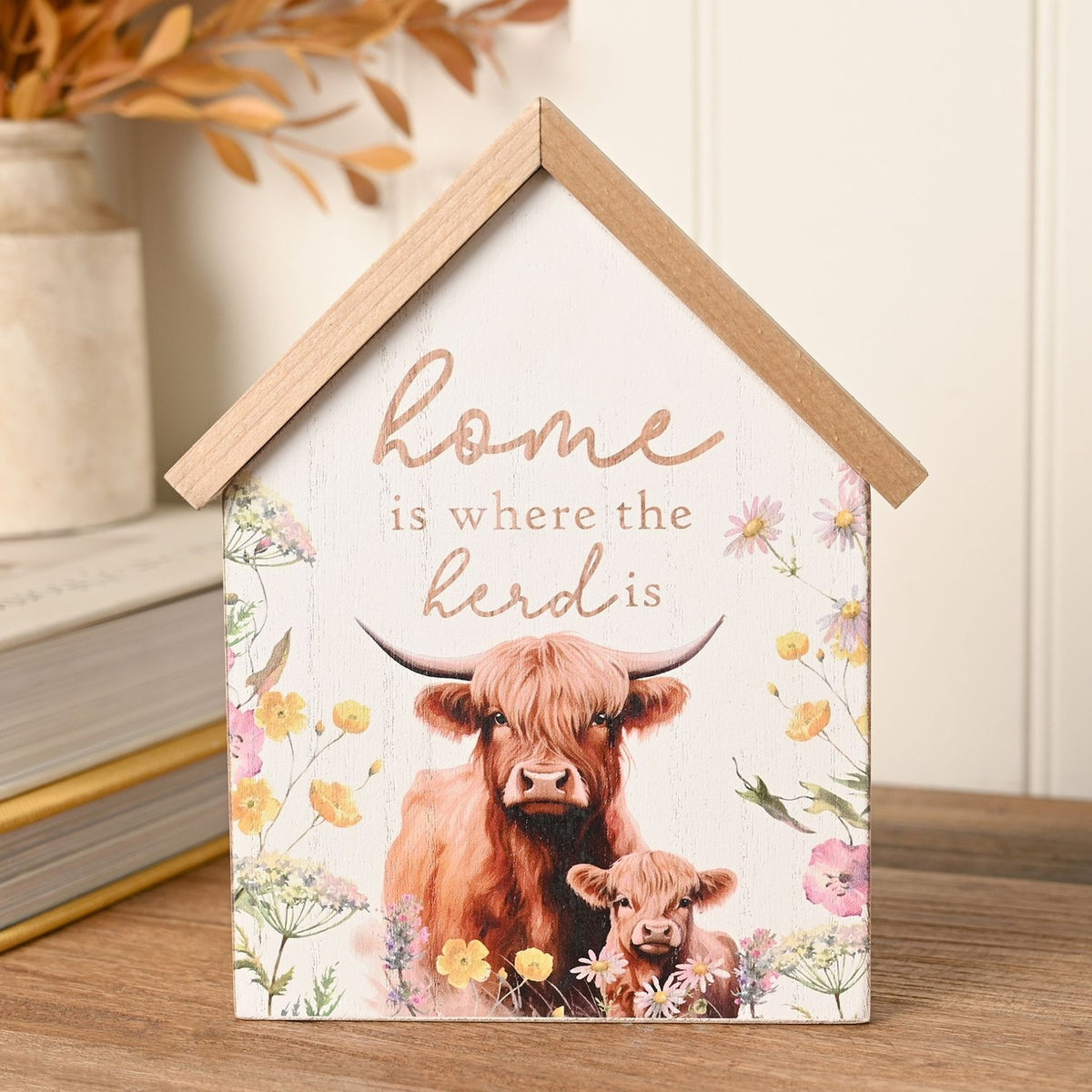 "Home Is Where Herd Is" Highland Cow House Wooden Plaque - White