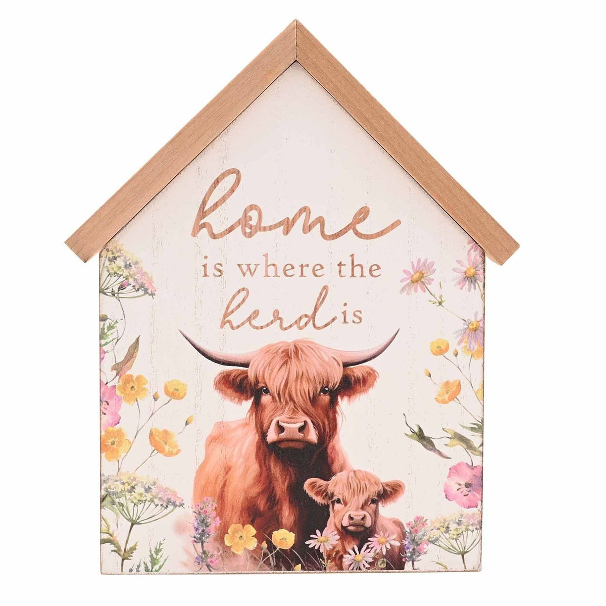 "Home Is Where Herd Is" Highland Cow House Wooden Plaque - White