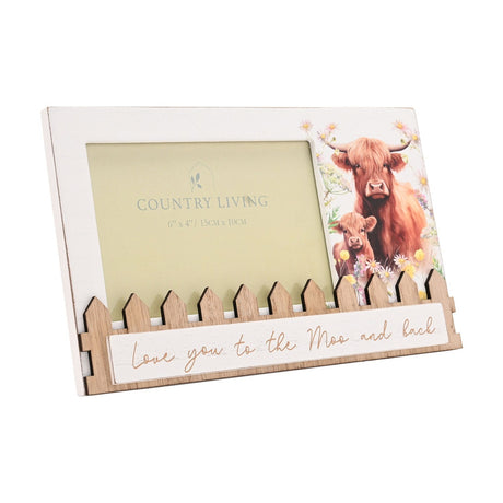 Wooden photo frame with Highland cow and calf among wildflowers, white front, wood picket fence base, and "Love you to the Moo and back" plaque, 6x4" window, on a white background.