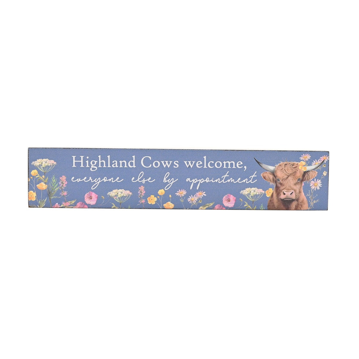 Highland Cows Welcome Slim Wooden Mantle Plaque 20cm - Blue