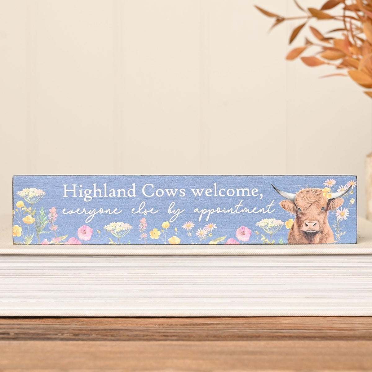 Highland Cows Welcome Slim Wooden Mantle Plaque 20cm - Blue
