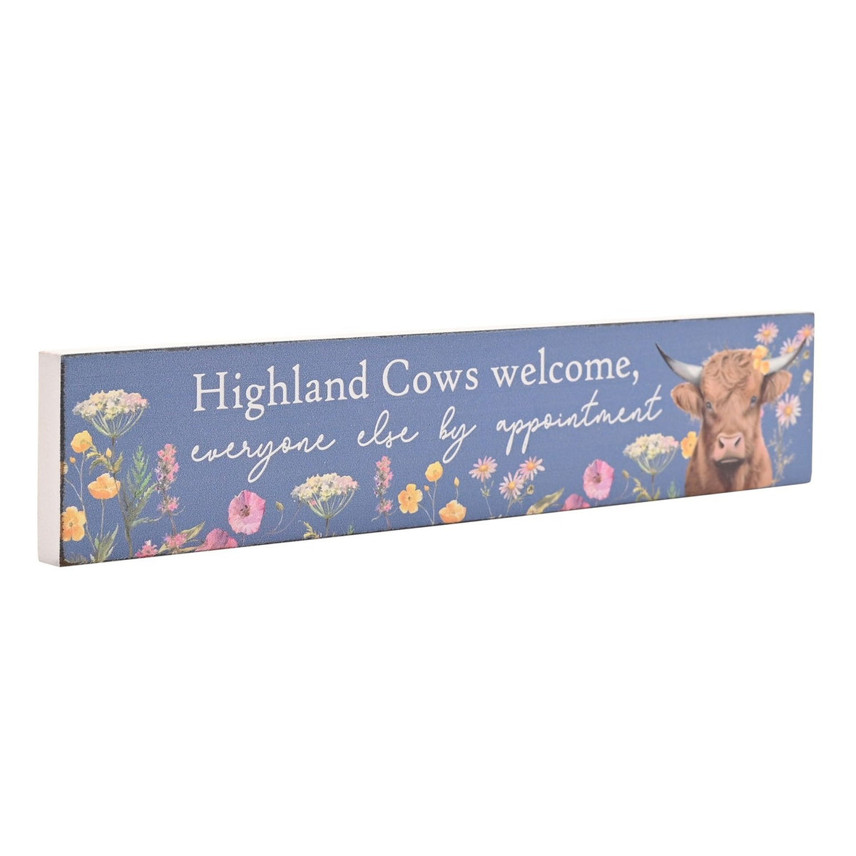 Highland Cows Welcome Slim Wooden Mantle Plaque 20cm - Blue