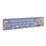 Highland Cows Welcome Slim Wooden Mantle Plaque 20cm - Blue