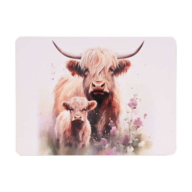 Rectangular placemat printed with a watercolour-style Highland cow and calf in warm brown tones, surrounded by pink and lilac wildflowers on a pale background.