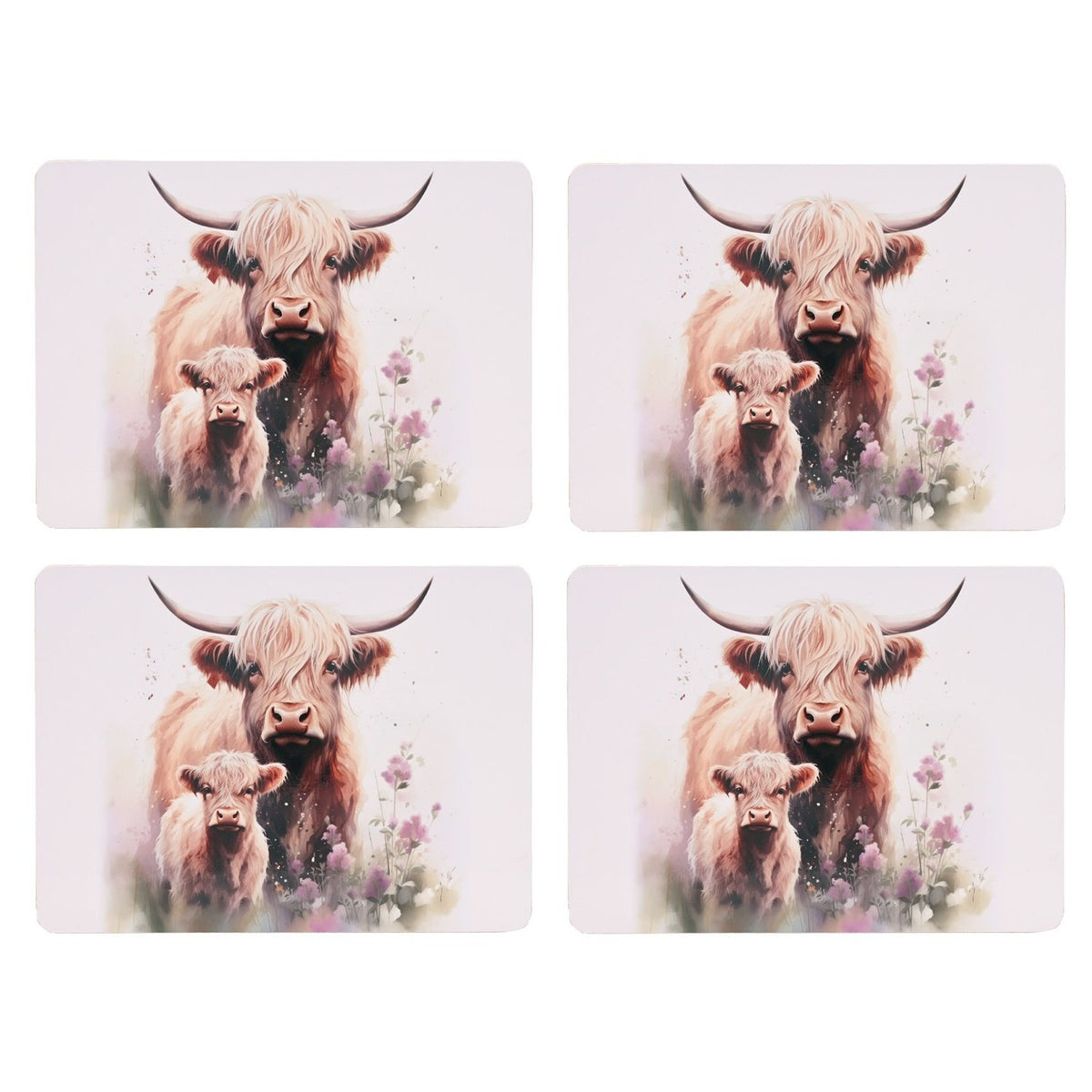 Set of 4 rectangular placemats printed with a Highland cow and calf in warm brown watercolour tones amid pink and lilac wildflowers, on a pale background.