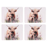 Set of 4 rectangular placemats printed with a Highland cow and calf in warm brown watercolour tones amid pink and lilac wildflowers, on a pale background.