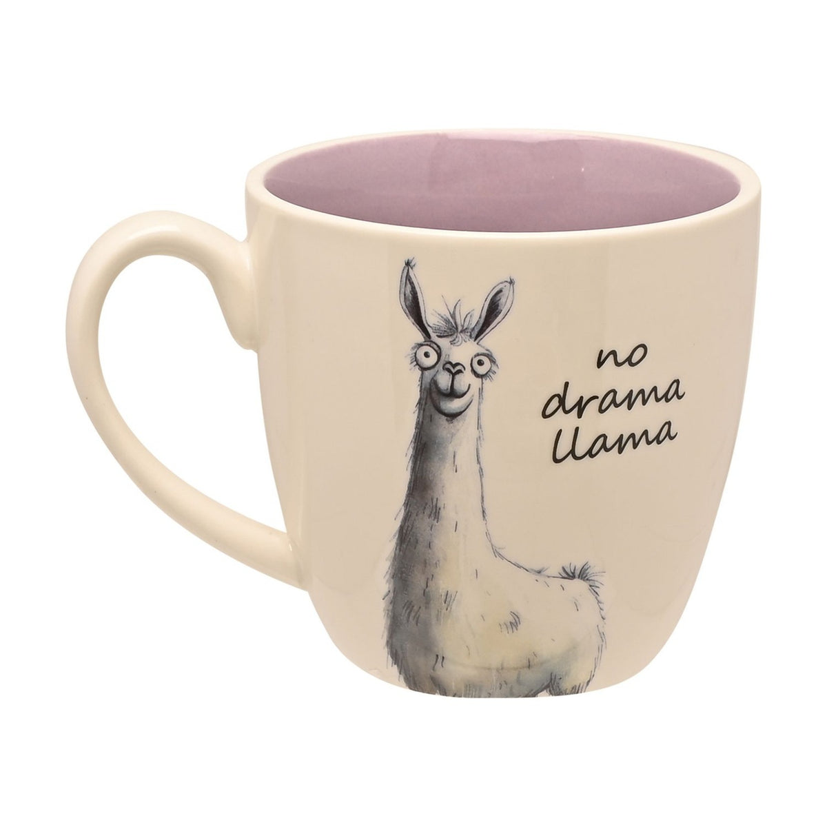 No Drama Llama Earthenware Mug with Lilac Interior - White