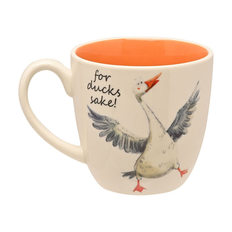White earthenware mug with orange interior, featuring a hand-drawn flapping goose and "for ducks sake!" script, shown on a plain white background.