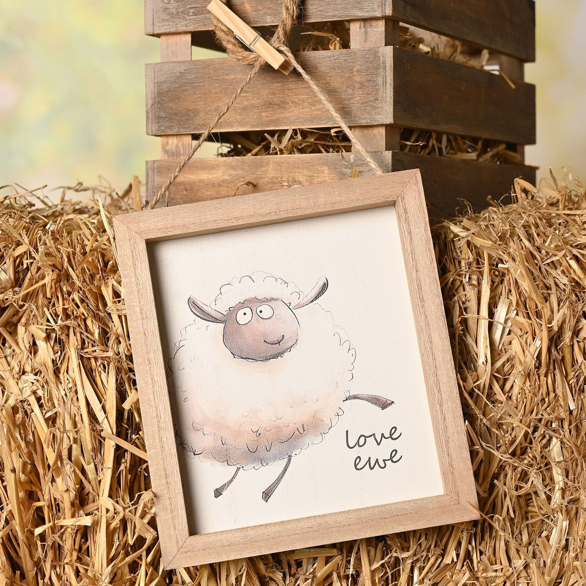 Sheep "Love Ewe" Wooden Hanging Plaque with Cord - Brown
