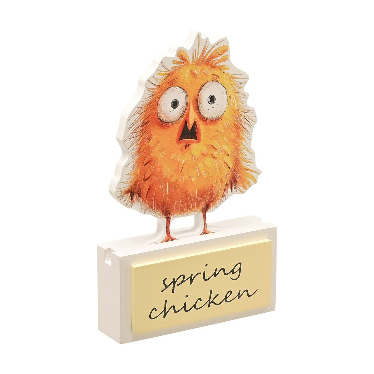 Spring Chicken Chick Standing MDF Plaque - Yellow & White