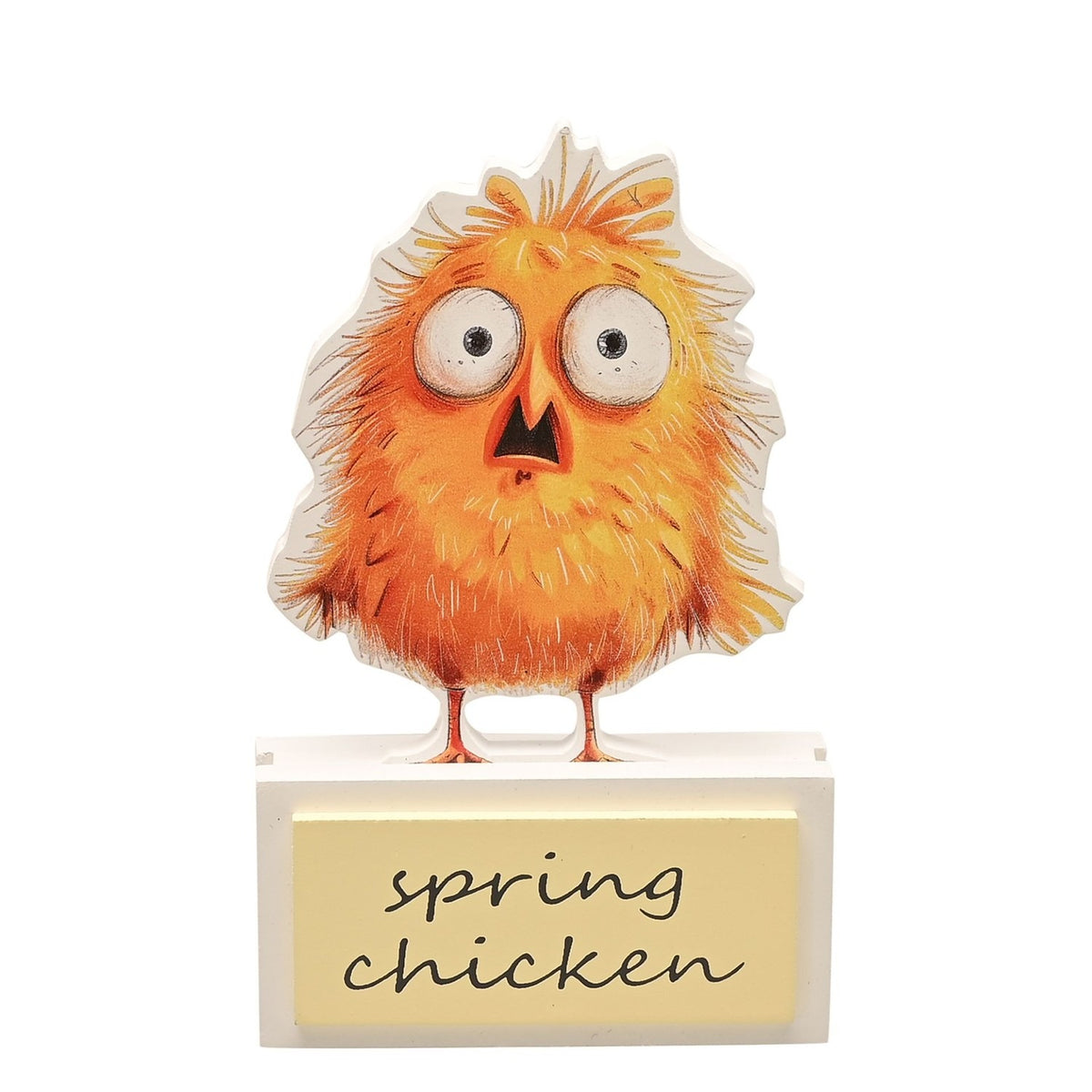 Spring Chicken Chick Standing MDF Plaque - Yellow & White