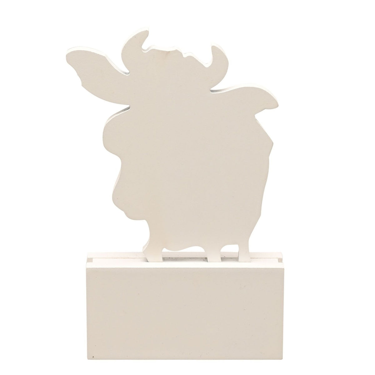 Silly Cow Cartoon Cut-Out Standing Wooden Plaque in plain white, showing the cow silhouette's reverse side mounted on a rectangular white block base, set against a plain background.