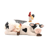 Resting Cow and Chickens Resin Figurine - White & Black