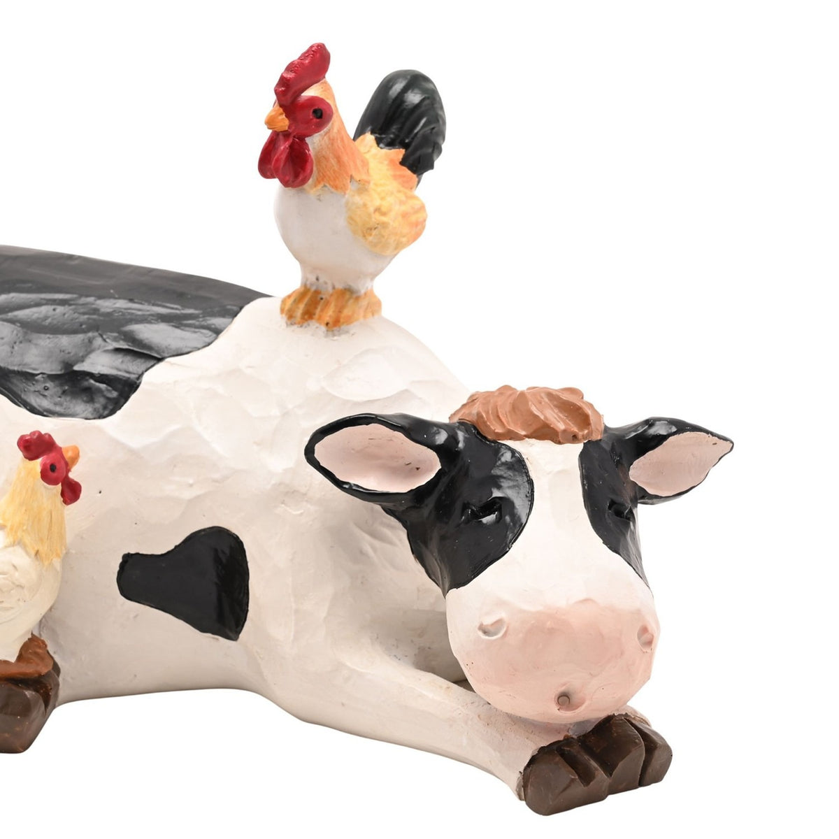 Resting Cow and Chickens Resin Figurine - White & Black