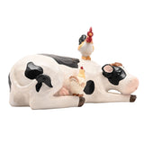 Resting Cow and Chickens Resin Figurine - White & Black