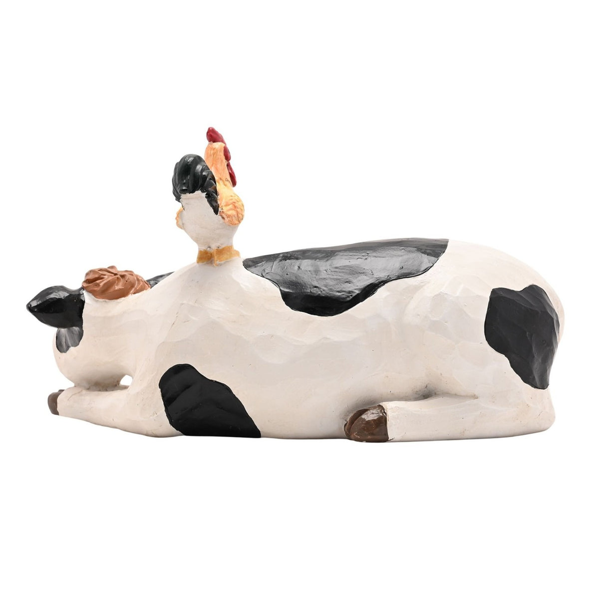 Resting Cow and Chickens Resin Figurine - White & Black