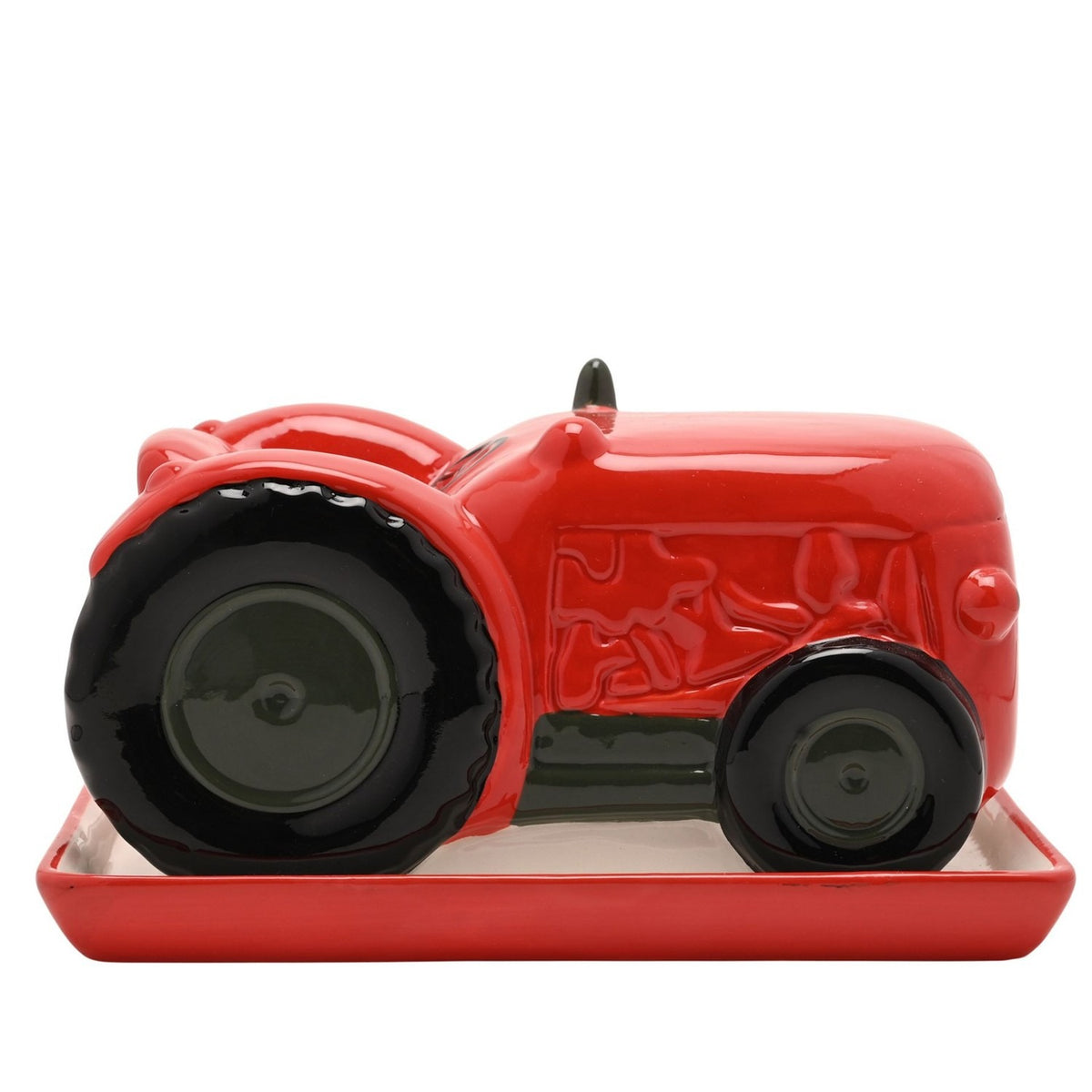 Tractor Glazed Ceramic Butter Dish with Lid - Red & Black