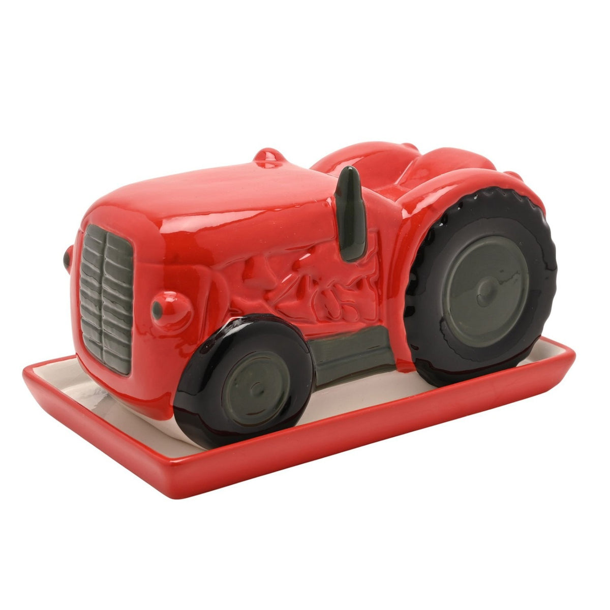 Tractor Glazed Ceramic Butter Dish with Lid - Red & Black