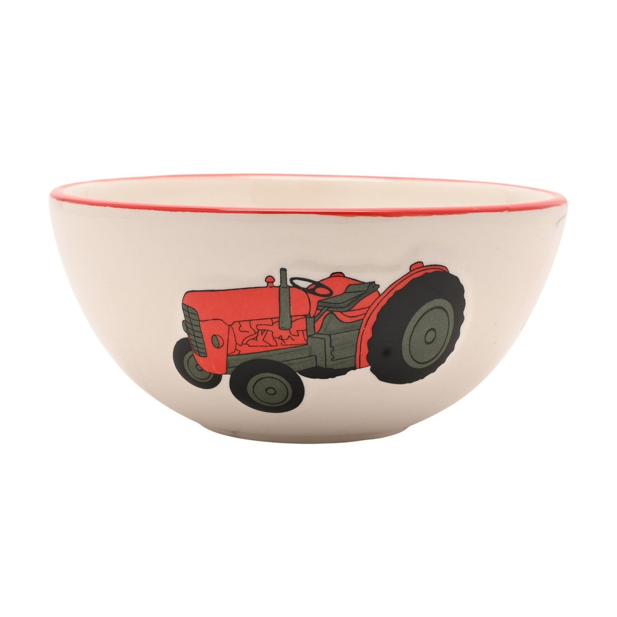 Round Tractor Earthenware Cereal Bowl with Red Rim - Cream