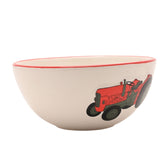 Round Tractor Earthenware Cereal Bowl with Red Rim - Cream