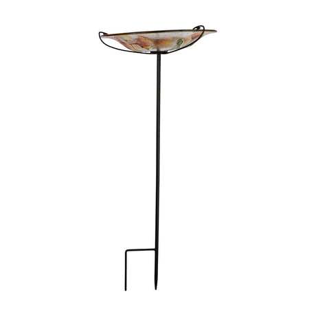 Glass bird feeder with a round 30.5cm dish featuring a bee and yellow floral design on clear glass, mounted on a tall black metal stake with ground prongs, shown against a plain white background.