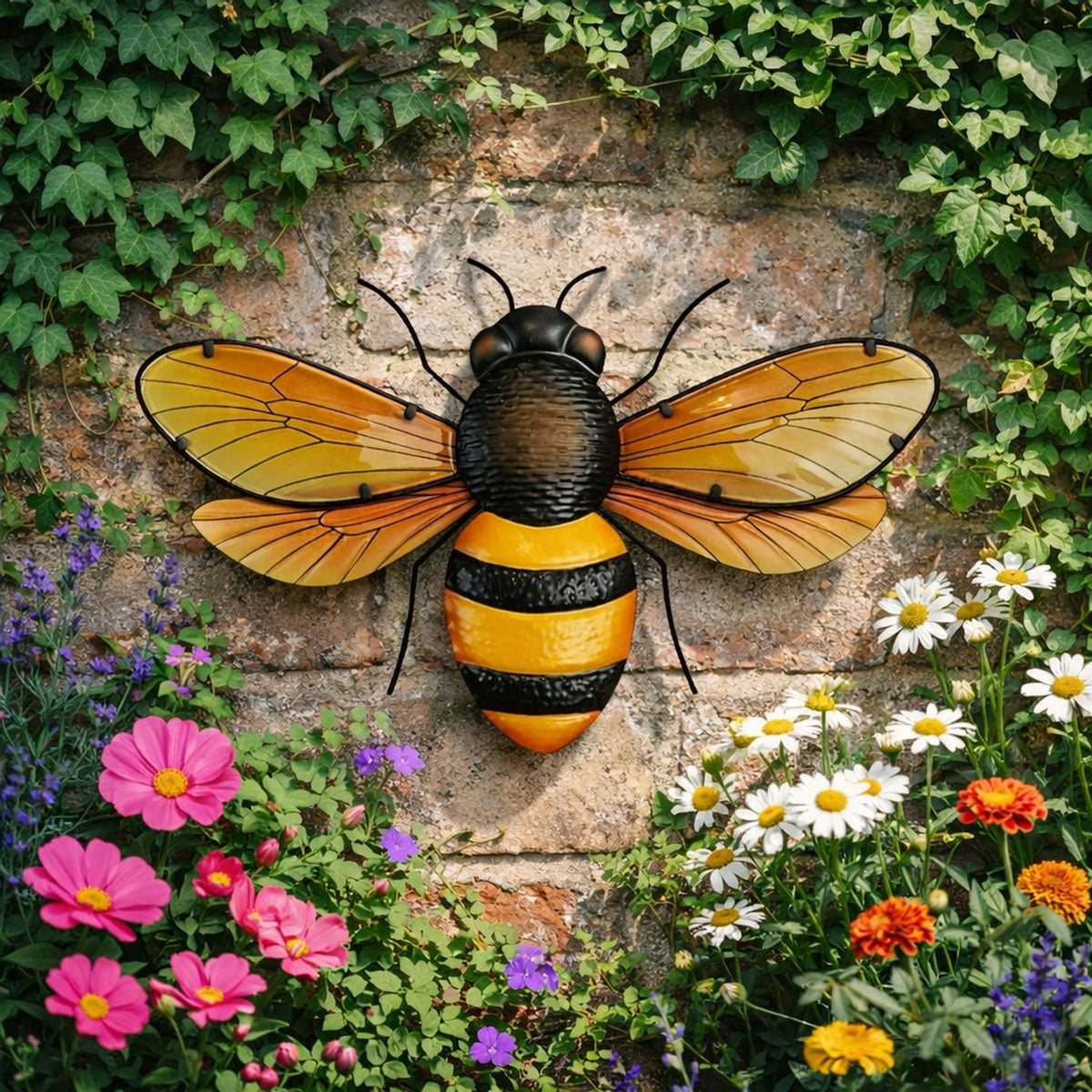 Bee Metal Wall Art with Amber Wings 46.1cm - Yellow & Black