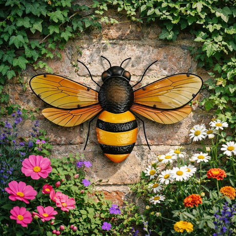 Bee Metal Wall Art with Amber Wings 46.1cm, yellow and black striped hammered-texture body with black head and legs, mounted on a brick wall among garden flowers.