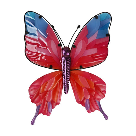 Butterfly metal wall art, 45cm, with a slim purple body and antennae, upper wings shading from red and pink into blue tips, lower wings in red and orange, on a plain white background.