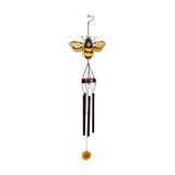 Bee Solar Iron and Glass Wind Chime 92cm with black and yellow striped bee, copper-toned cap and four hanging tubes, flower pendant below, on a plain white background.