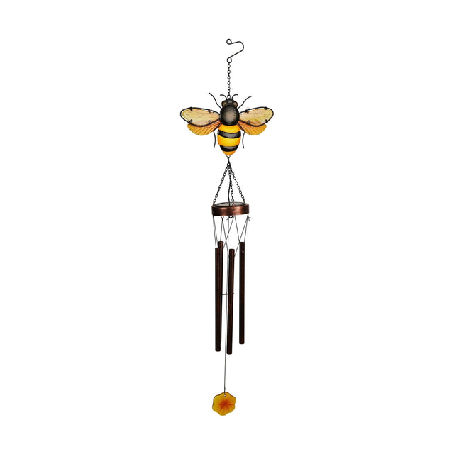Bee Solar Iron and Glass Wind Chime 92cm with black and yellow striped bee, copper-toned cap and four hanging tubes, flower pendant below, on a plain white background.