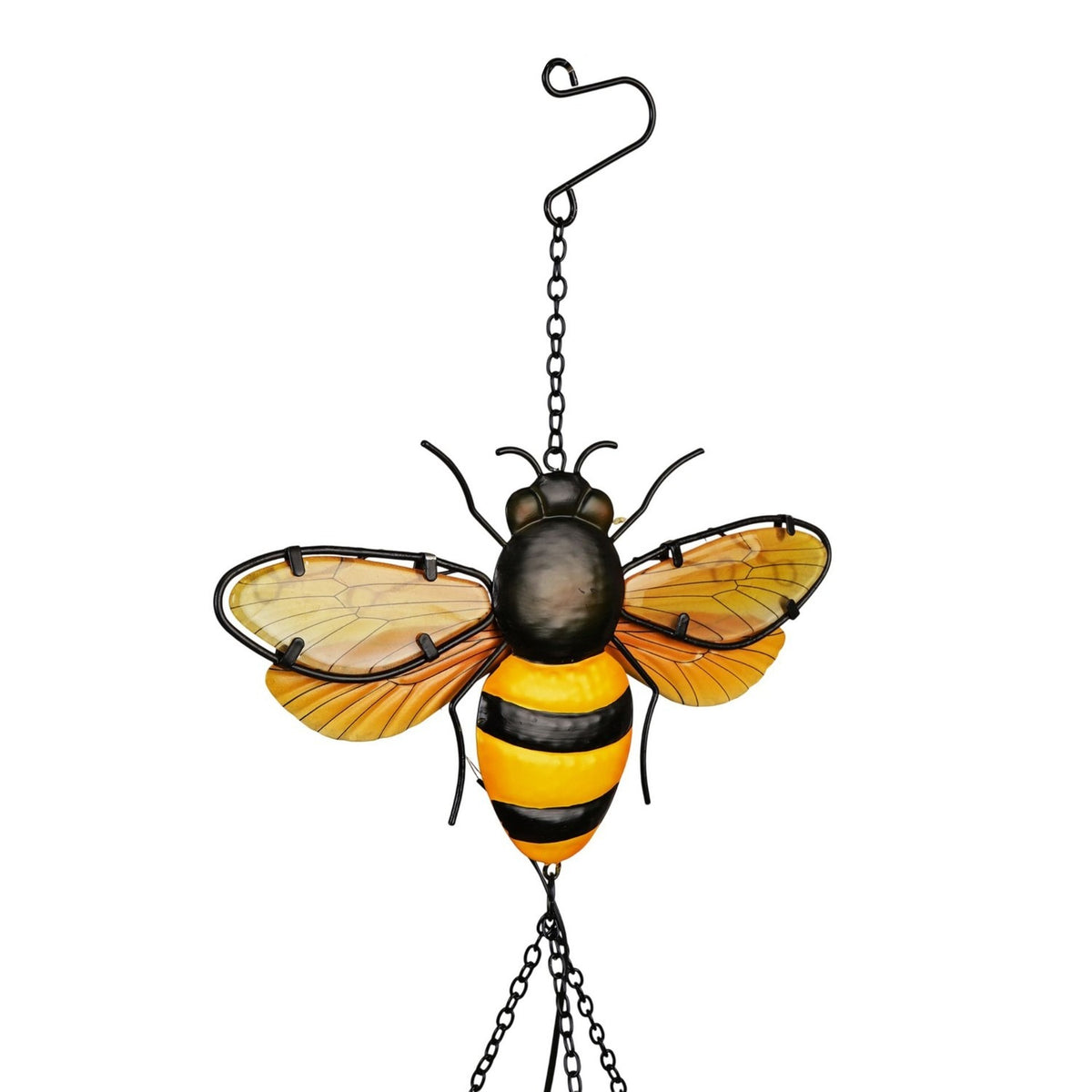 Bee Solar Iron and Glass Wind Chime with black and yellow striped body, amber glass wings, wire antennae and legs, topped with a scroll hook and hanging chain on a white background.
