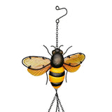 Bee Solar Iron and Glass Wind Chime with black and yellow striped body, amber glass wings, wire antennae and legs, topped with a scroll hook and hanging chain on a white background.
