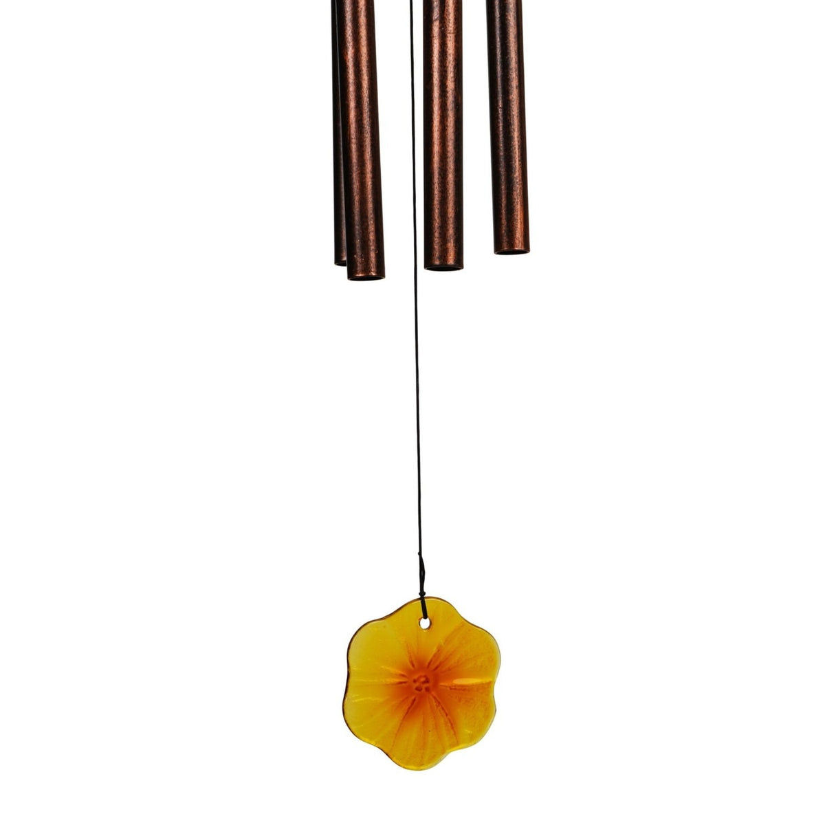 Bee Solar Iron and Glass Wind Chime with four copper-toned metal tubes and a yellow flower-shaped glass pendant on a black cord, shown against a plain white background.
