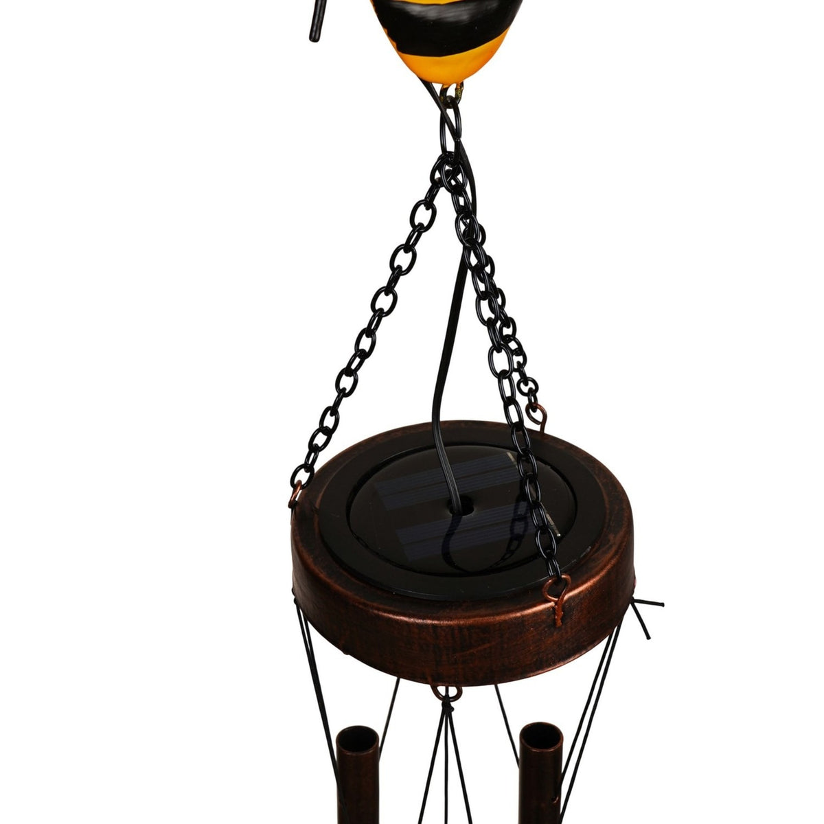 Bee Solar Iron and Glass Wind Chime in yellow and copper, close-up of the round solar panel cap with black chains and hanging copper tubes on a white background.