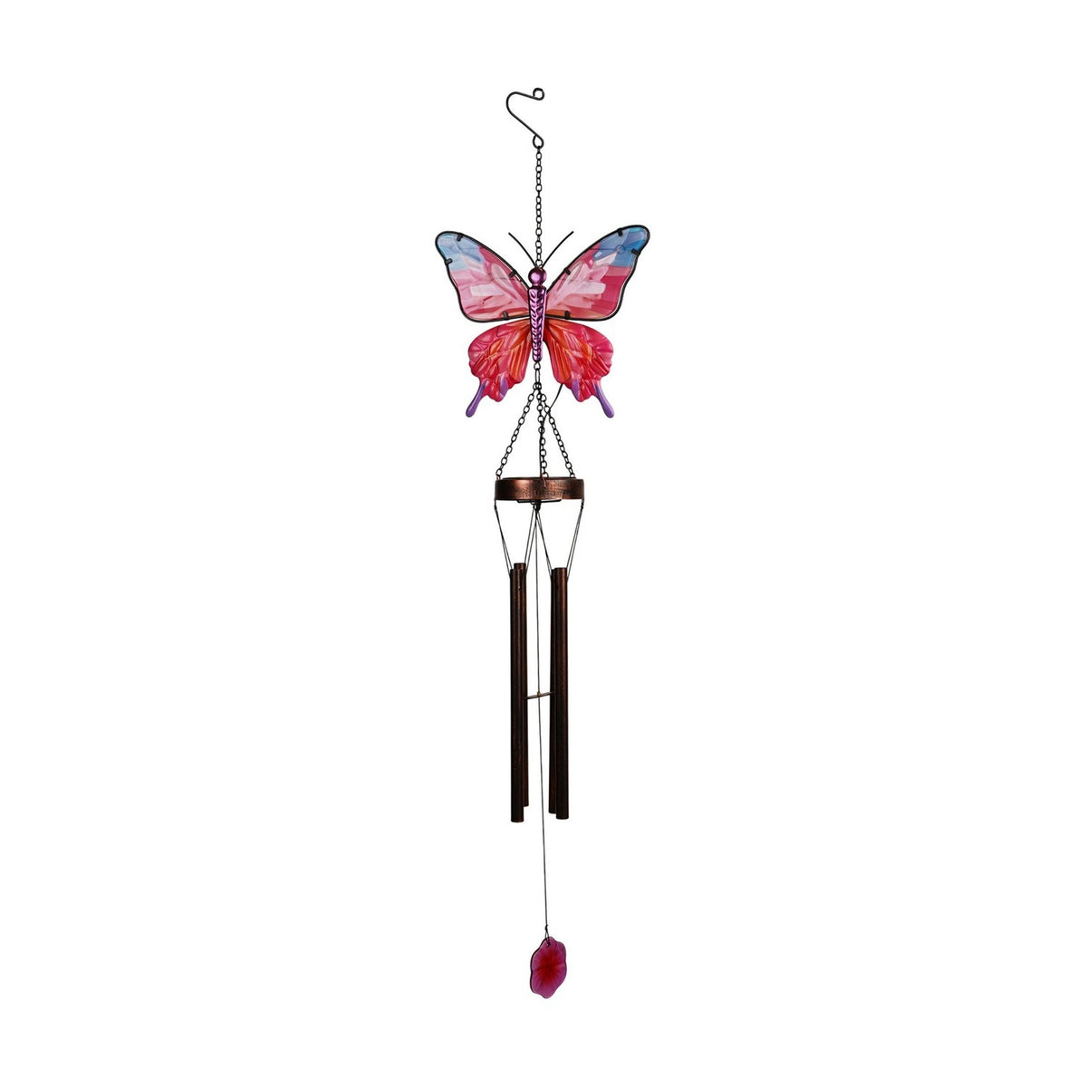 Butterfly Solar Iron & Glass Wind Chime 92cm - Pink & Copper