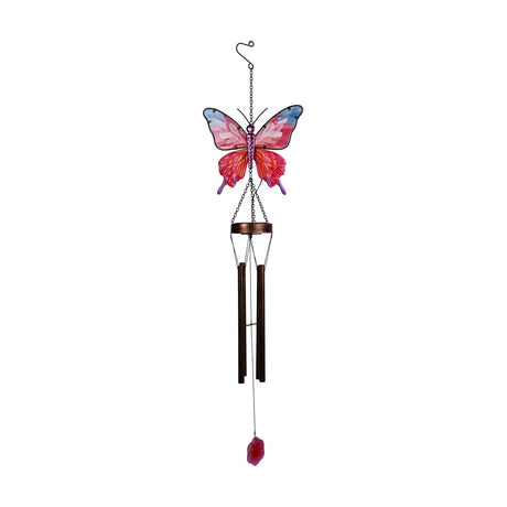 Pink and copper butterfly solar wind chime with a glass butterfly, metal tubes, and a hanging glass droplet, shown on a white background.