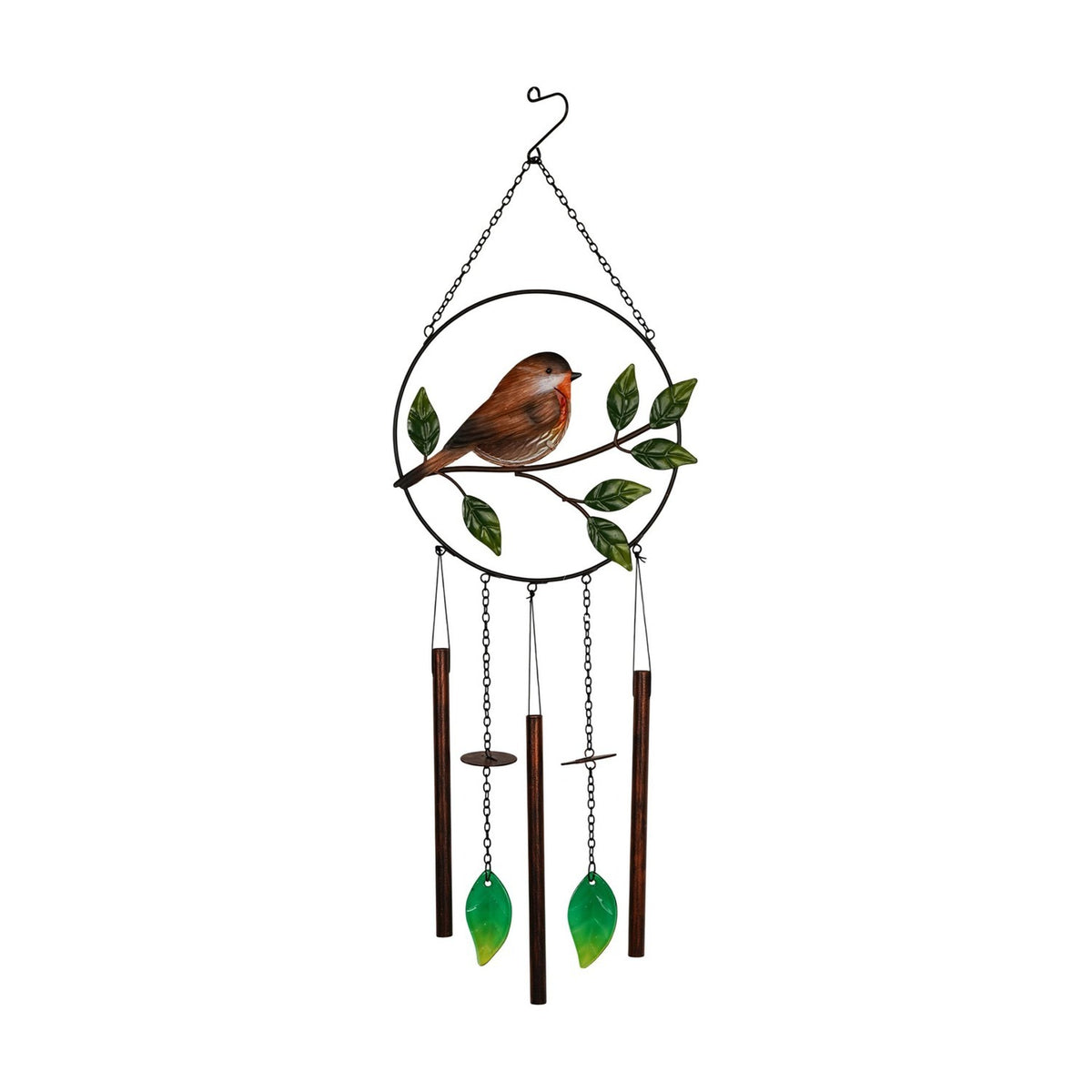 Robin on Branch Iron Wind Chime with Leaf Pendants 72cm