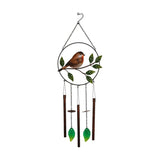 Robin on Branch Iron Wind Chime with Leaf Pendants 72cm