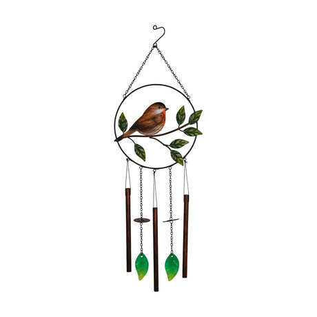 Black-ringed iron wind chime featuring a painted robin on a branch, three copper-brown metal tubes, and two green glass leaf pendants, 72cm, shown on a white background.