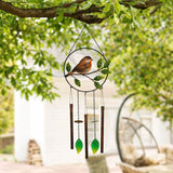 Robin on Branch Iron Wind Chime with Leaf Pendants 72cm