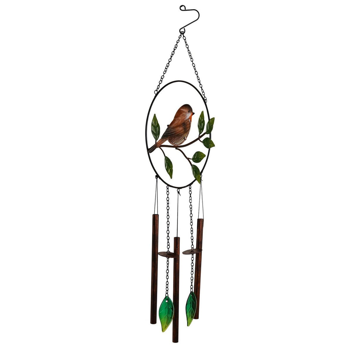 Robin on Branch Iron Wind Chime with Leaf Pendants 72cm